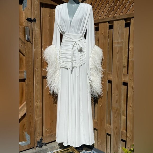 🆕 BRONX & BANCO 🧿 NWOT Geisha Blanc Feather-Trim Maxi Dress, White - Sz S US 4 - Picture 10 of 14